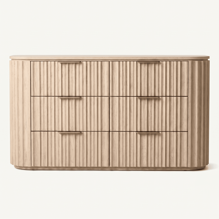 Rounded Fluted Oak Six-Drawer Dresser