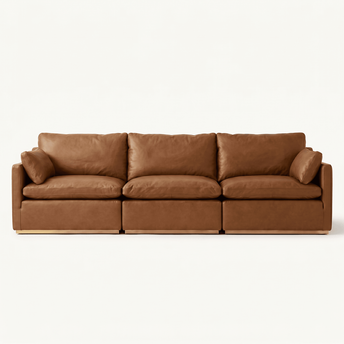 Modern Low-Profile Leather Sofa with Wood Base