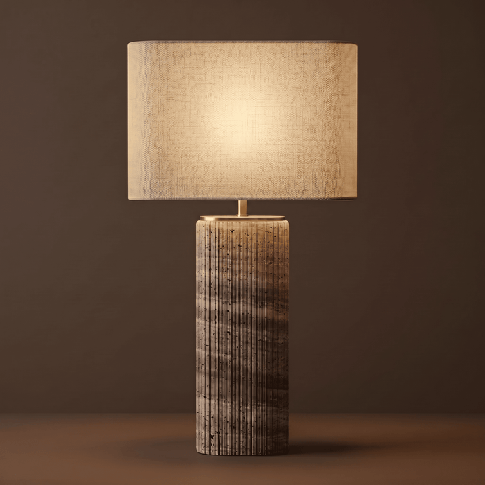Fluted Travertine and Linen Shade Table Lamp