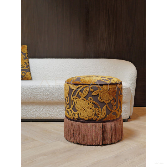 Gold Floral Velvet Fringe Pouf — Ottoman - scene