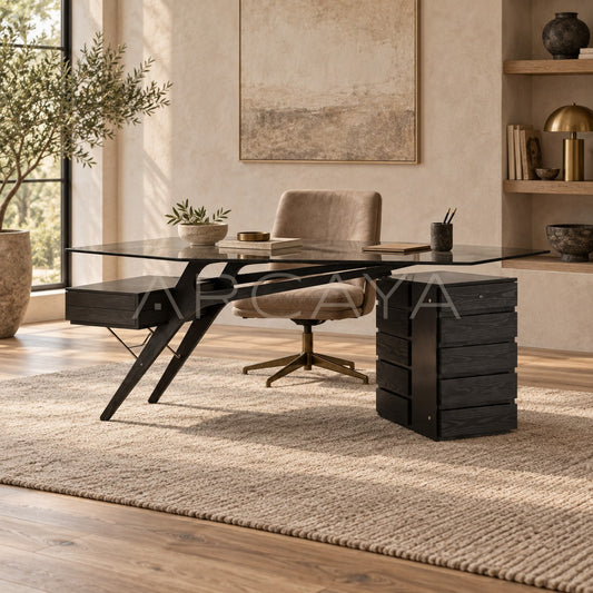 Smoked Wood Wing Frame Glass Multi Drawer Desk - scene