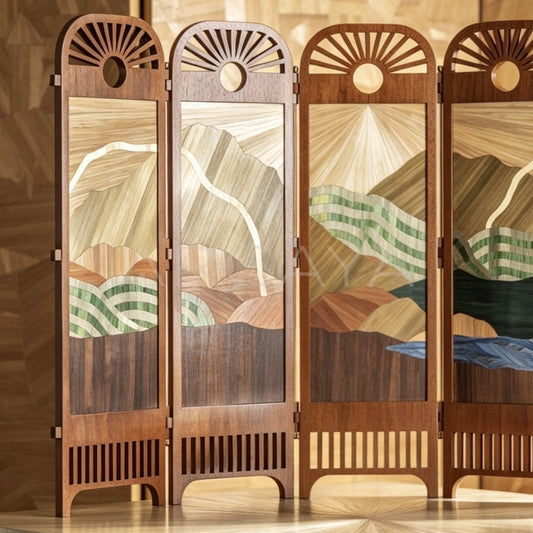 Mountain Landscape Veneer Marquetry Screen - scene