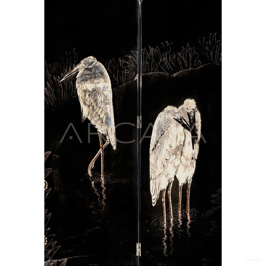 Lacquer Craft Contemporary Oriental Folding Screen - scene