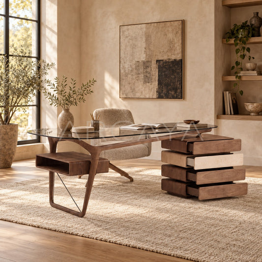 Walnut Irregular Glass Stacked Drawer Desk - scene
