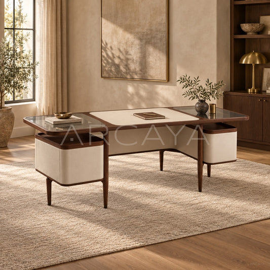 Italian Walnut Leather Glass Executive Desk - scene