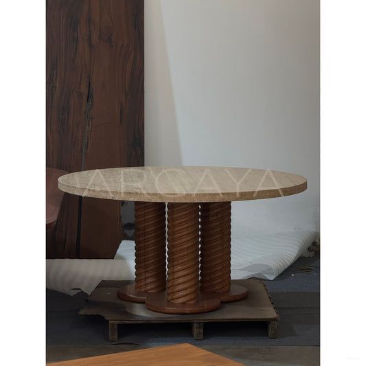 Mid Century Travertine Round Table Wood Legs - scene