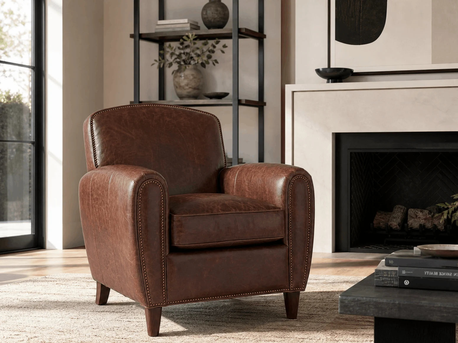 Boucle and leather lounge chairs in a contemporary interior