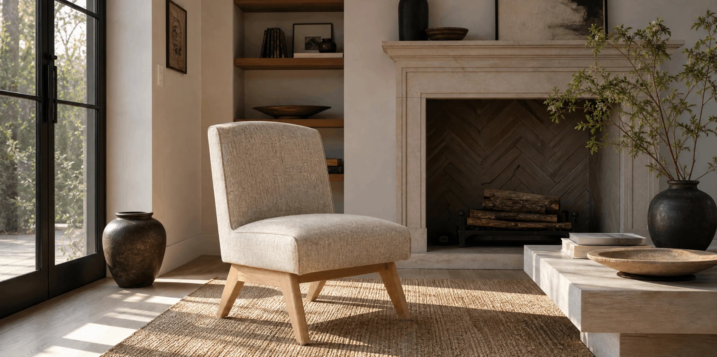 Boucle and leather lounge chairs in a contemporary interior