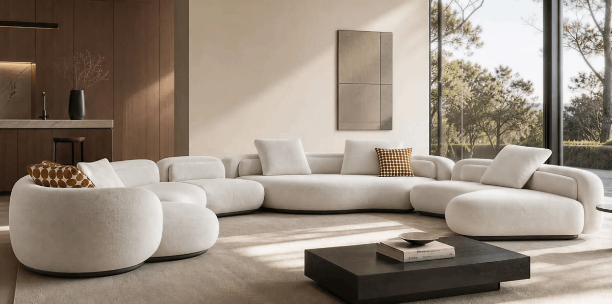 Low-profile modular sofas in an open living room