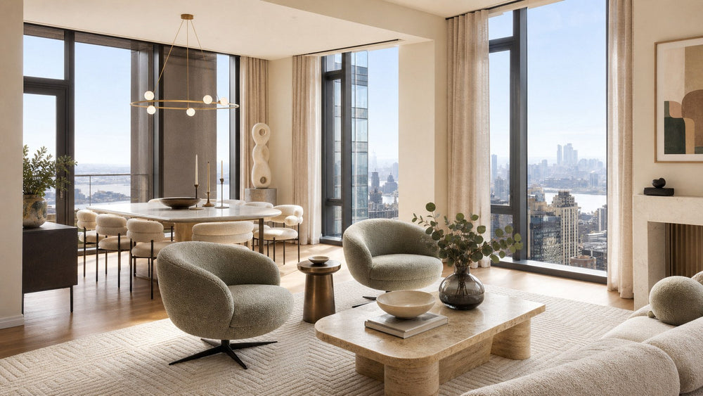 New York penthouse living room with skyline view