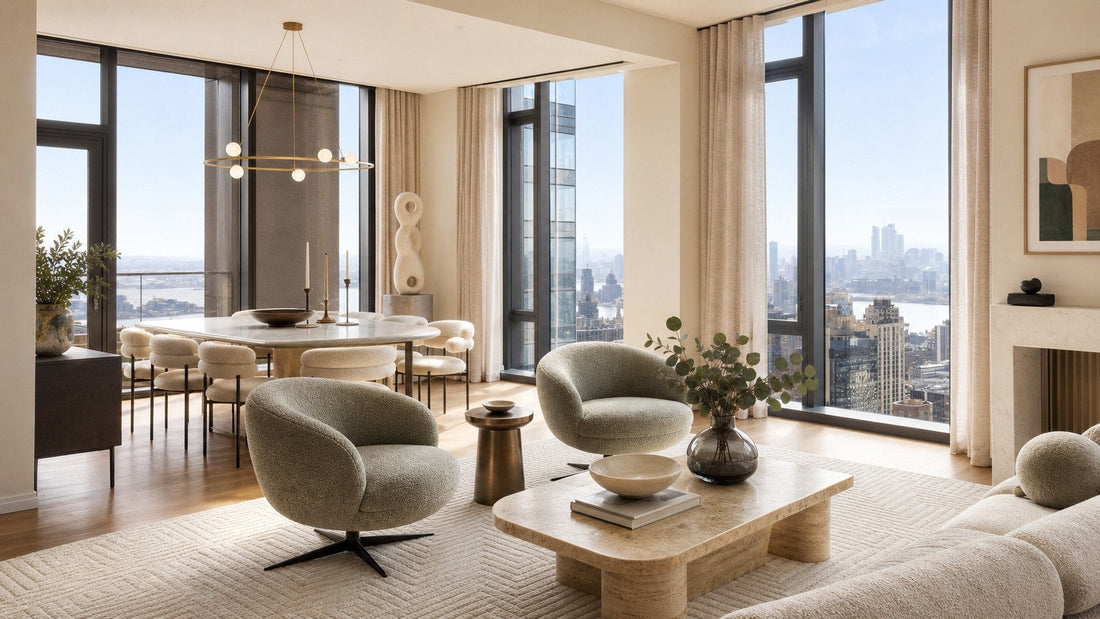 New York penthouse living room with skyline view