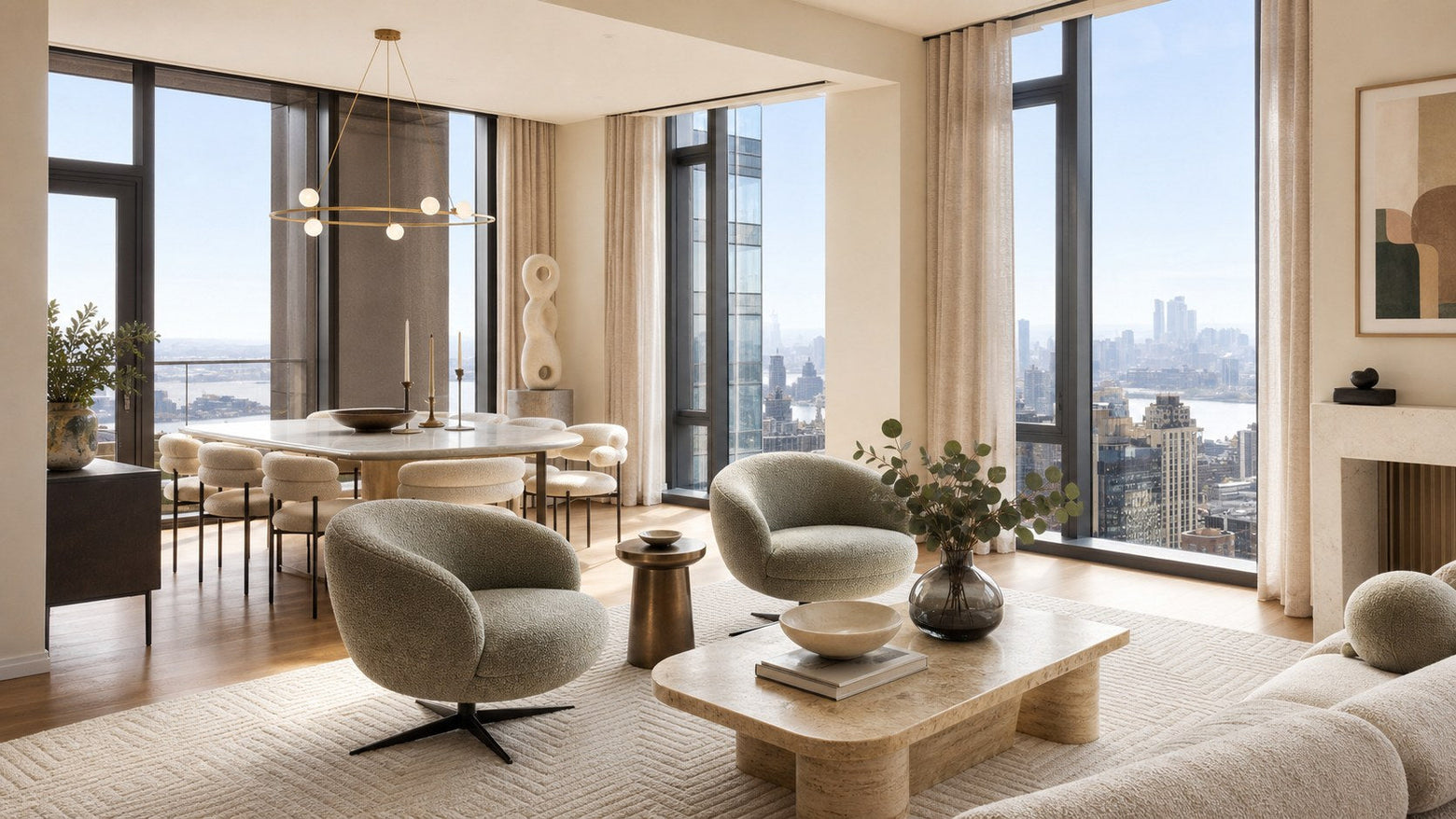 New York penthouse living room with skyline view