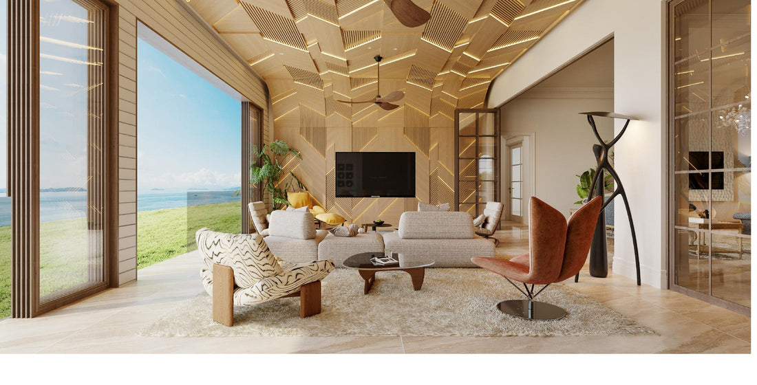 Arcaya private residence sunroom with curved timber ceiling and lounge seating