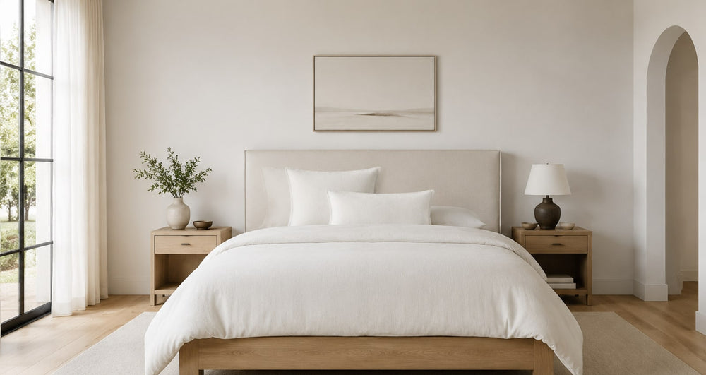 Neutral bedroom with upholstered bed and balanced bedside furniture