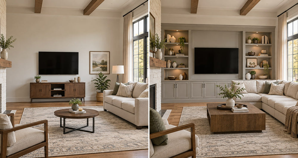 Ready-made and custom furniture comparison in an American living room