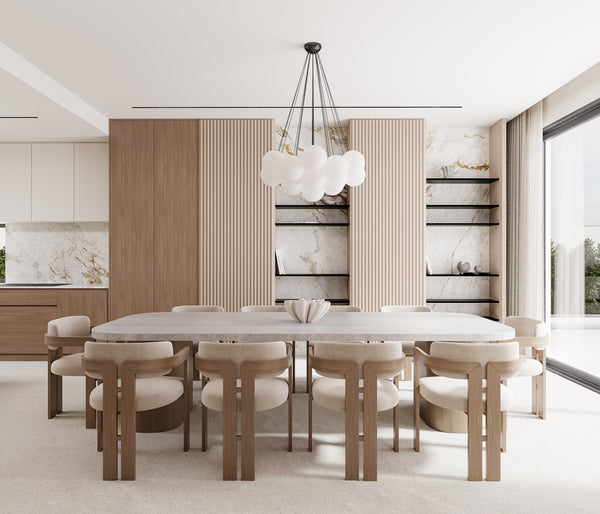 Modern dining room with a sculptural stone table and curved oak chairs