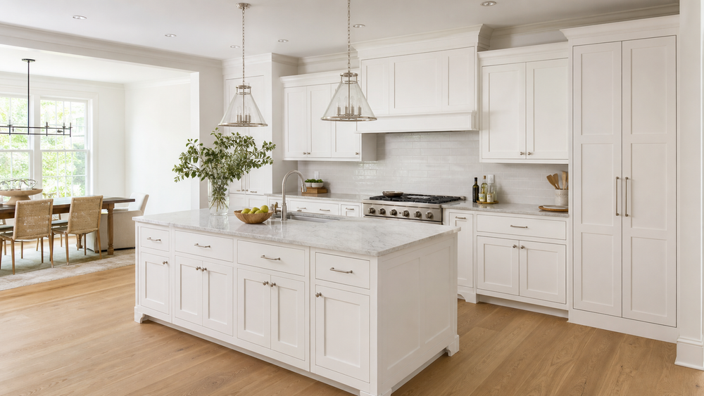 Bright American house kitchen with white shaker custom cabinets, island, tall pantry cabinets, and open dining area