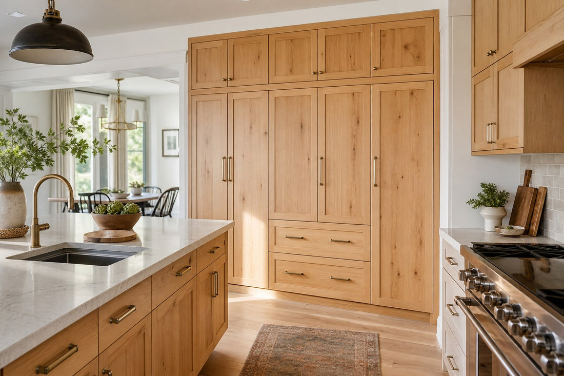 Warm natural wood custom kitchen cabinetry and pantry cabinets