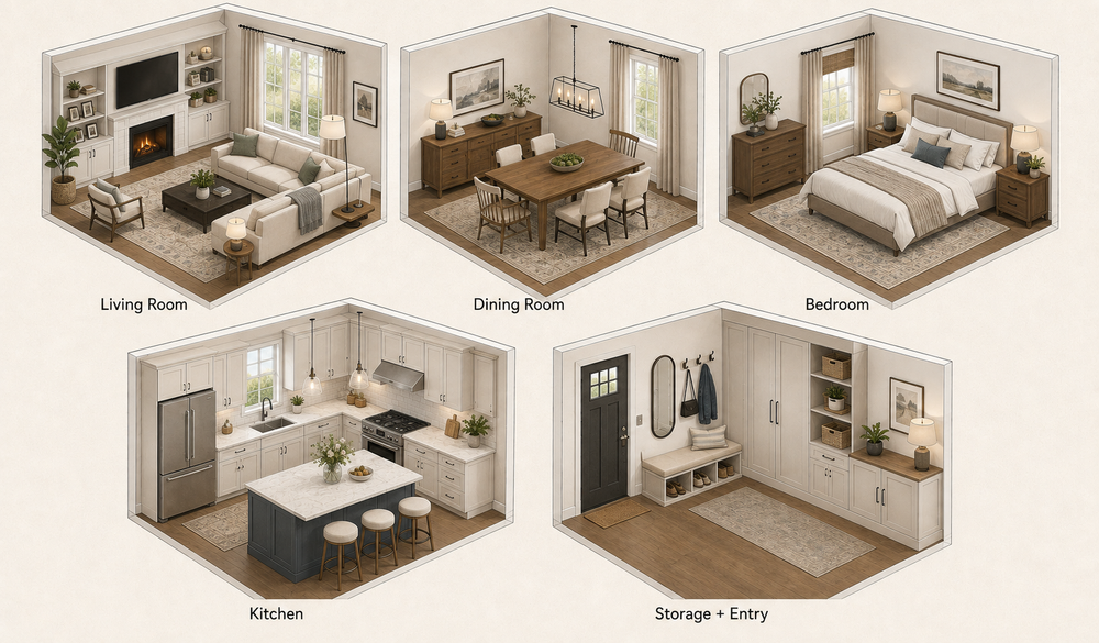 Room-by-room furnishing plan for a whole home including living room, dining room, bedroom, kitchen, and entry storage