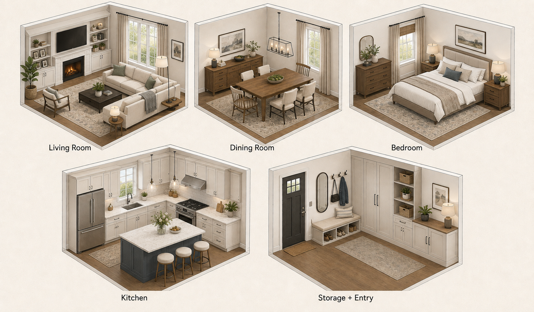 Room-by-room furnishing plan for a whole home including living room, dining room, bedroom, kitchen, and entry storage