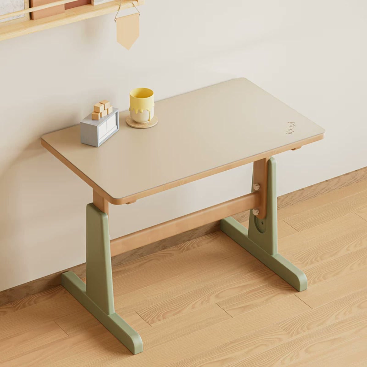 Bean Green adjustable beech desk with a natural tabletop