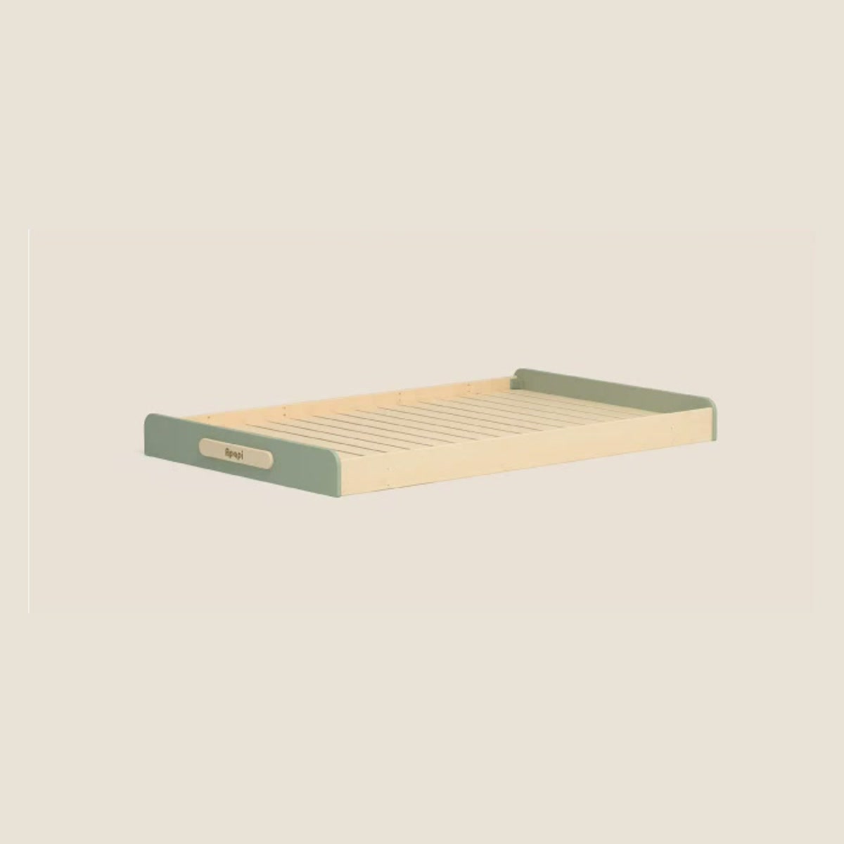 Bean Green basic floor bed with natural beech rails and exposed slats