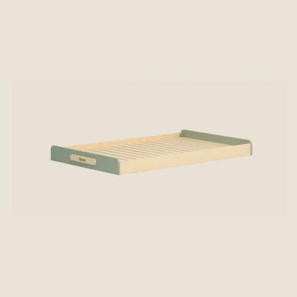 Bean Green basic floor bed with natural beech rails and exposed slats