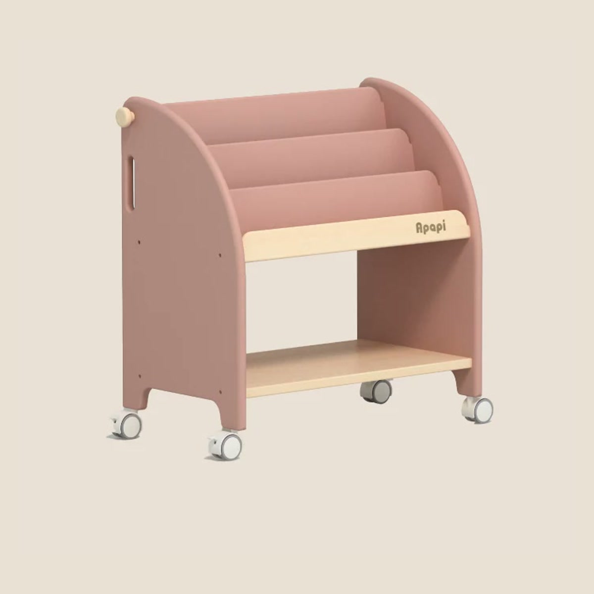 Cherry Pink rolling book rack with three front-facing tiers and lower shelf