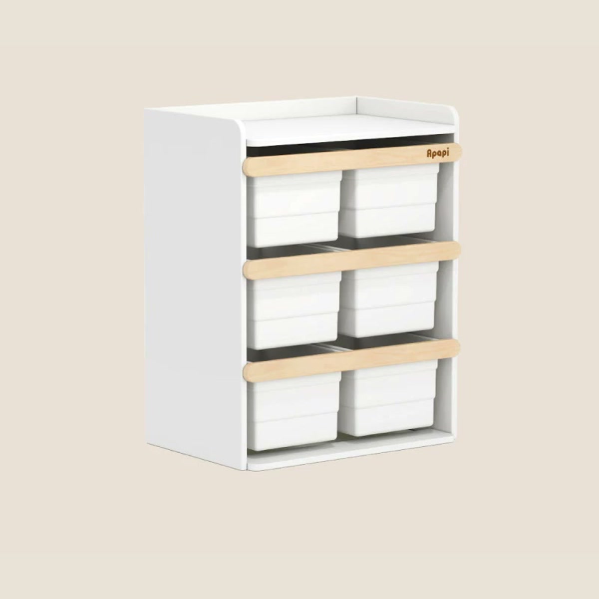 Ivory six-bin toy storage cabinet with natural wood front rails