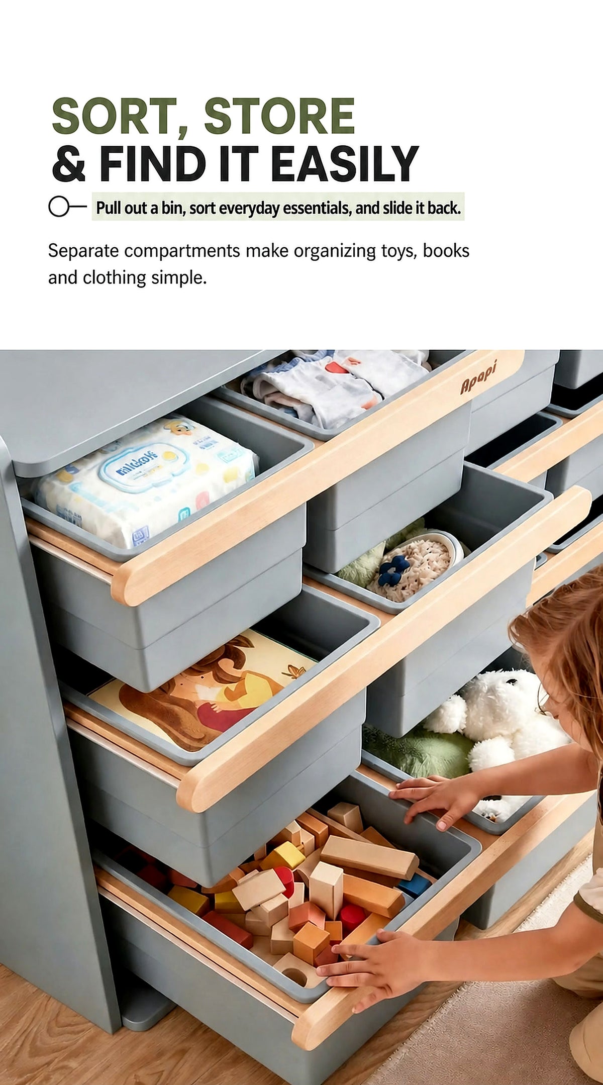  Pull-out storage bins separating toys, clothing and everyday essentials