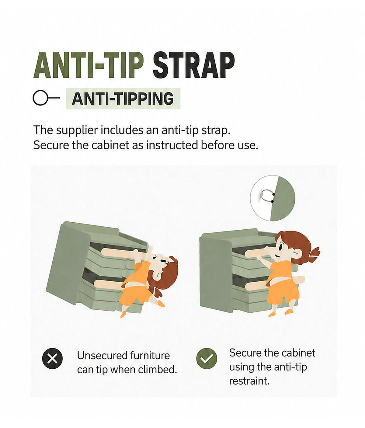  Illustration of securing the cabinet with an anti-tip restraint