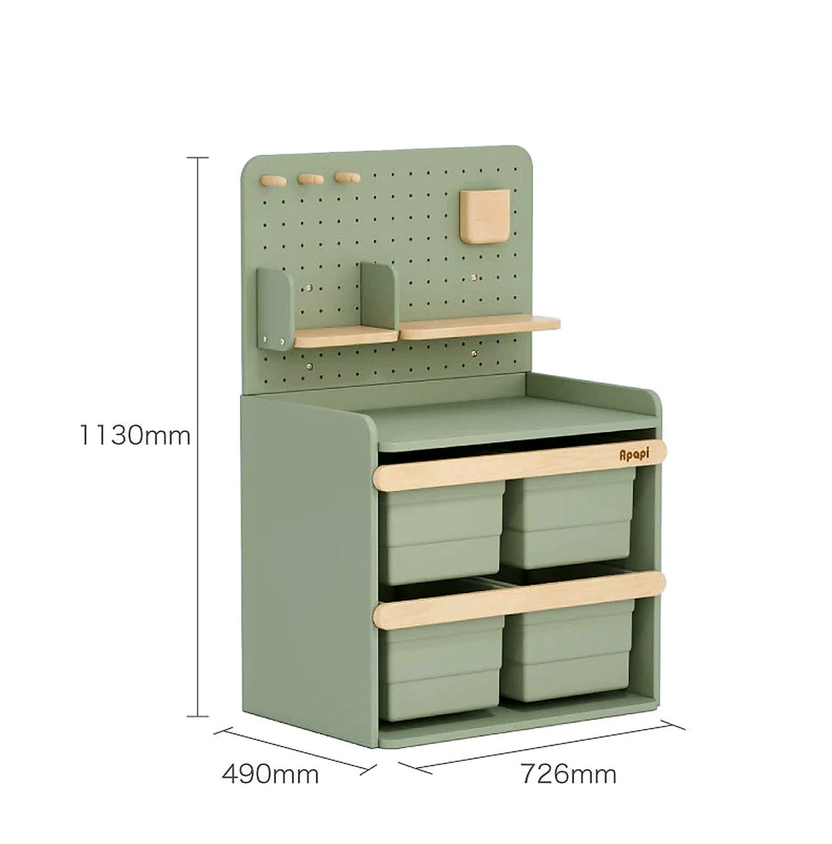  Four-bin cabinet and pegboard measuring 726 by 490 by 1130 mm