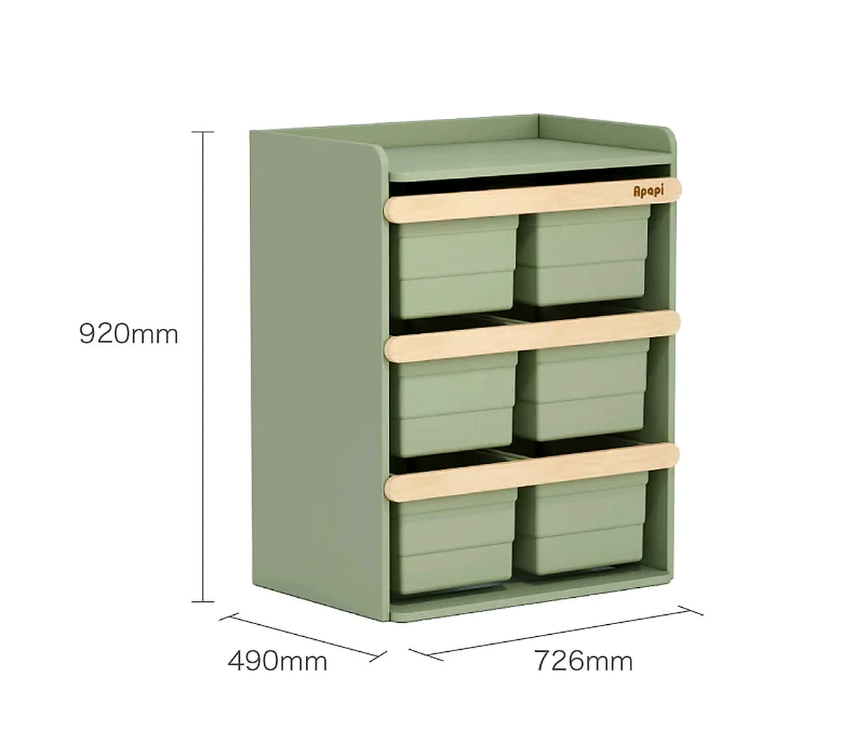  Six-bin cabinet measuring 726 by 490 by 920 mm