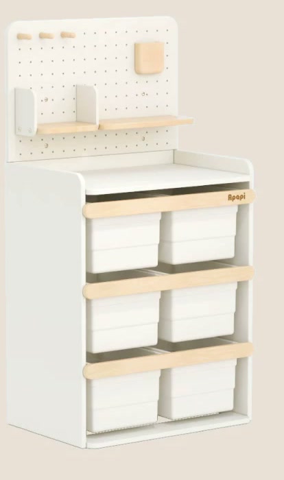  White six-bin cabinet with pegboard and wooden accessories