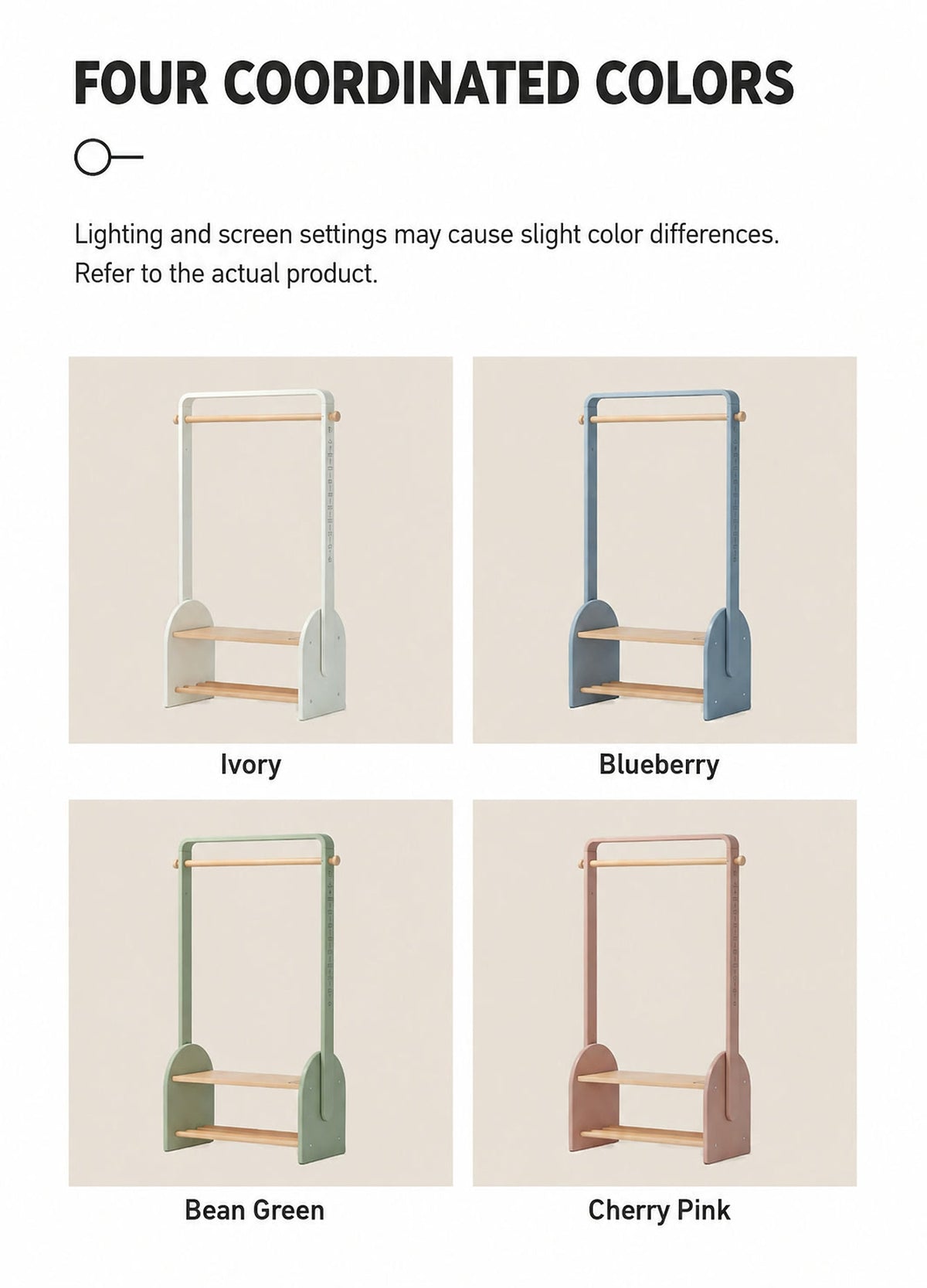  Ivory, Blueberry, Bean Green and Cherry Pink clothing rack colors