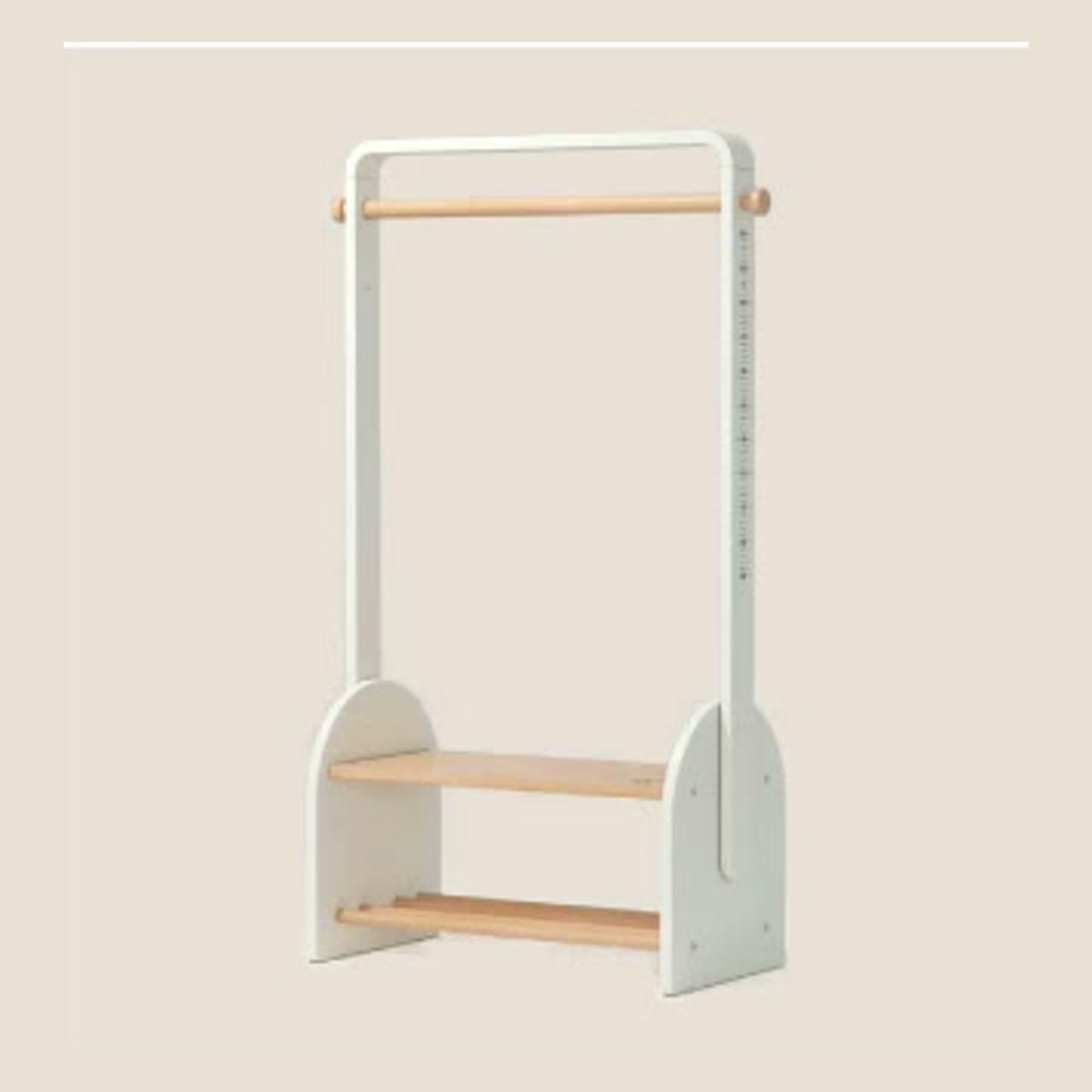 Ivory clothing rack with wooden hanging rail and lower storage base