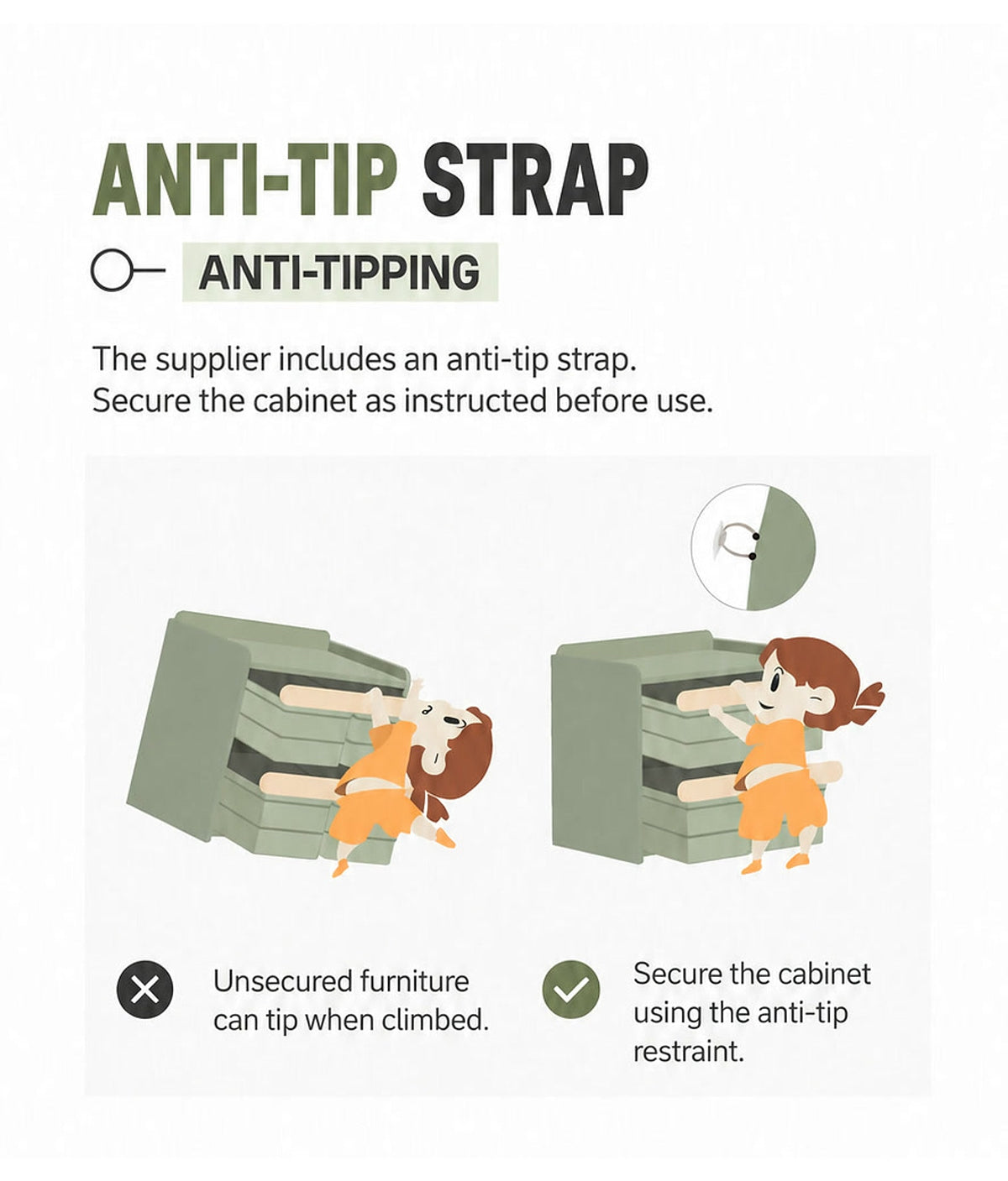  Illustration showing the supplied anti-tip restraint securing the cabinet