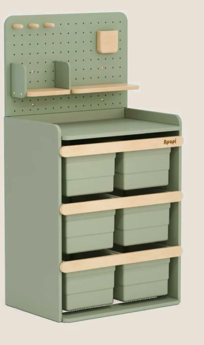  Complete Bean Green six-bin cabinet with pegboard, shelf and hooks
