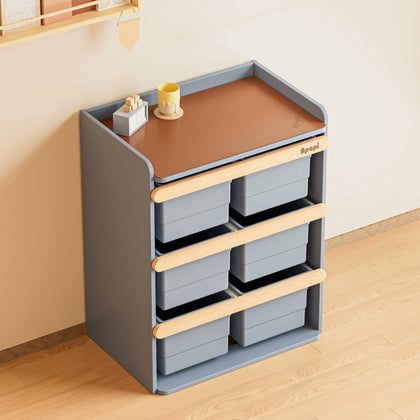  Blueberry six-bin cabinet from above with an optional brown tabletop mat