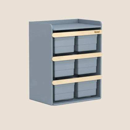  Blueberry six-bin toy storage cabinet with natural wood front rails