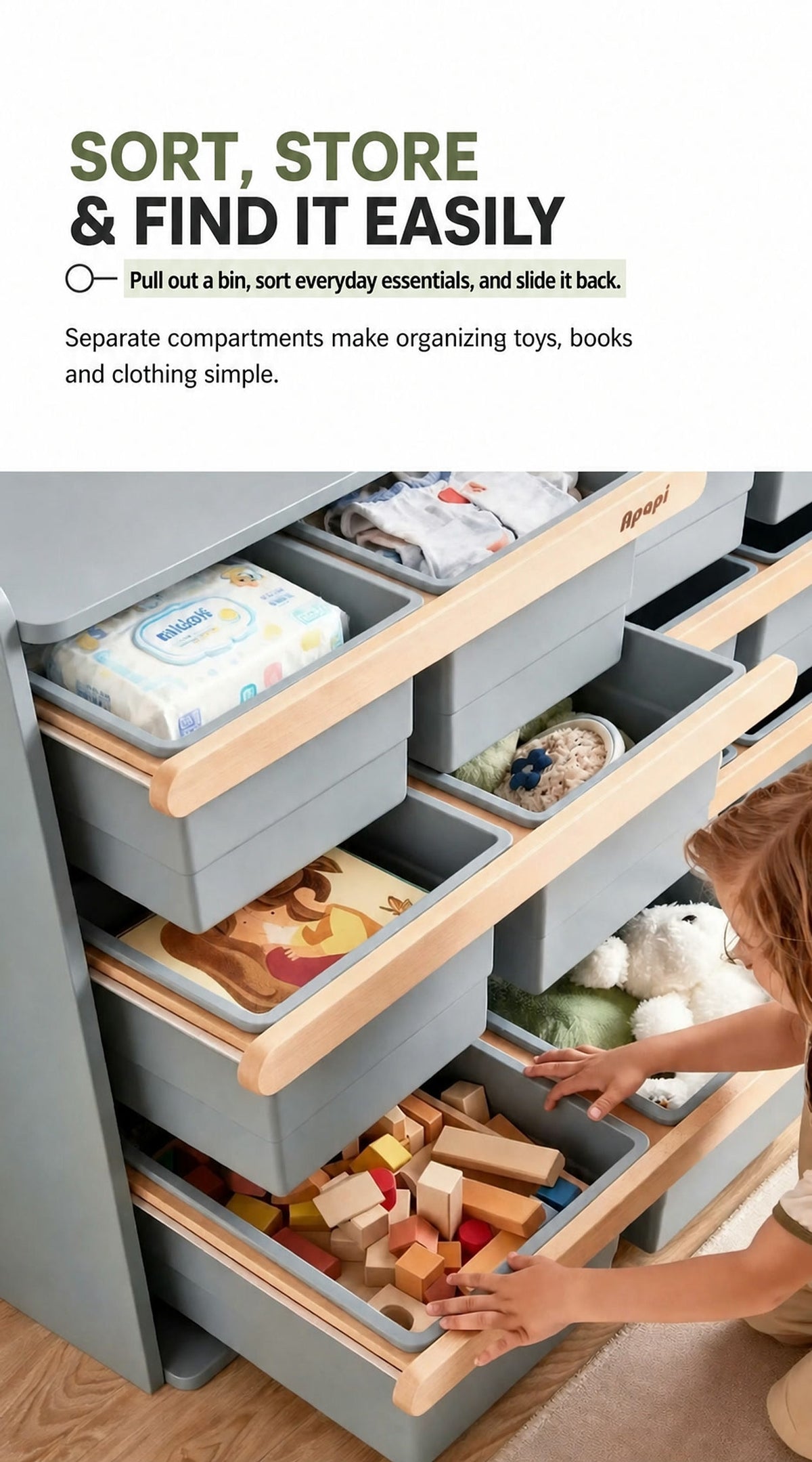  Pull-out storage bins separating toys, clothing and everyday essentials