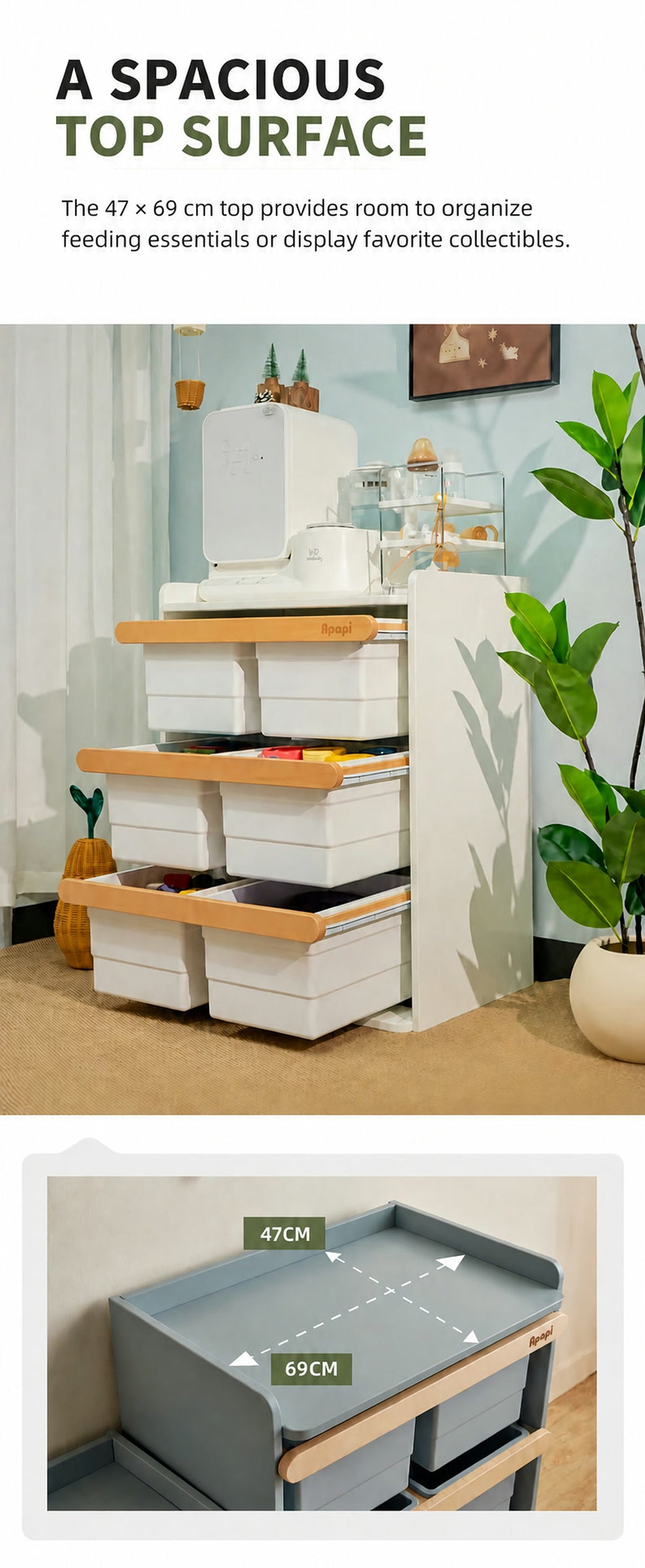  Cabinet top measuring 69 by 47 cm with a raised perimeter