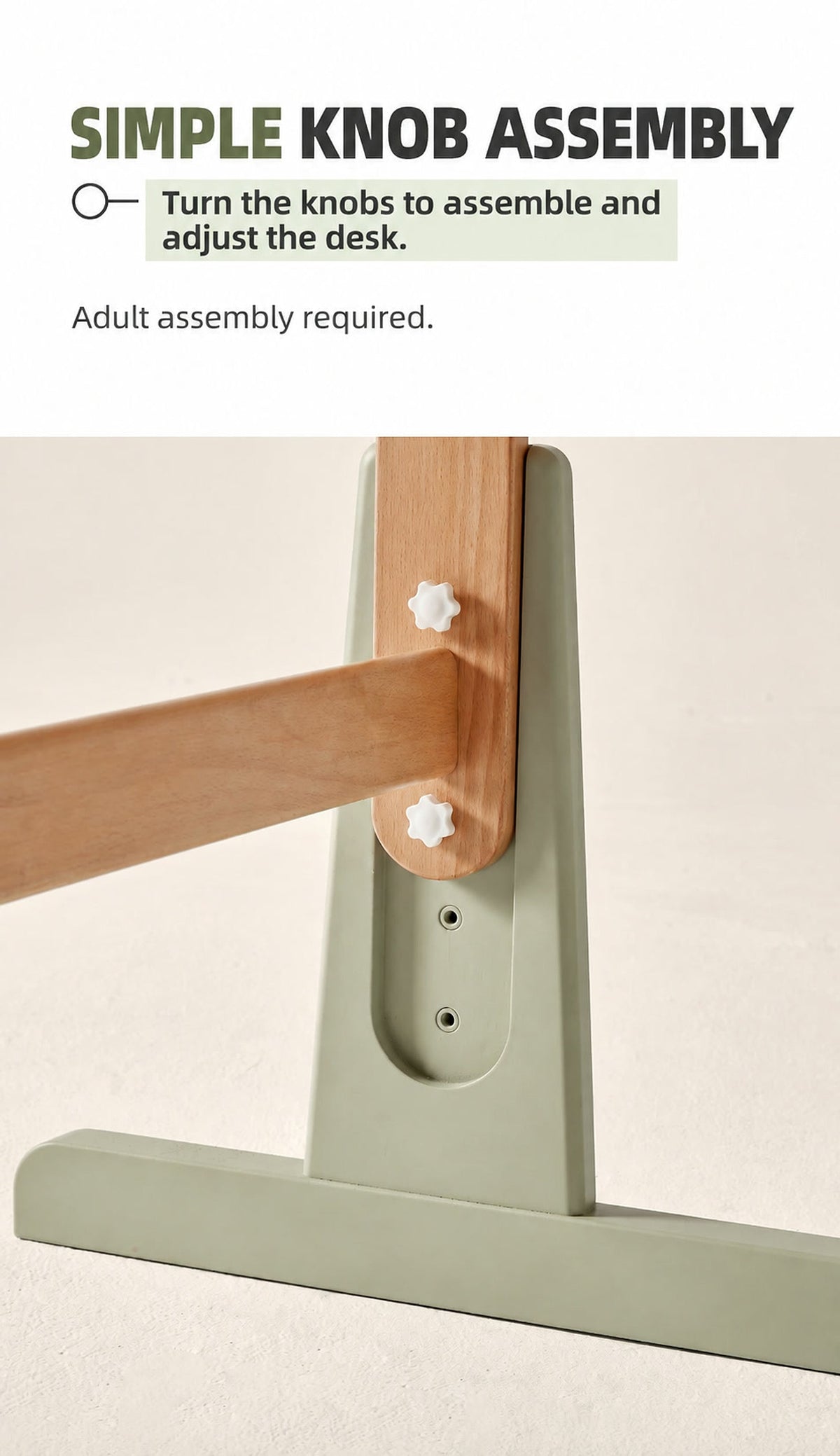  Close-up of the knobs and height-adjustment holes on the desk support