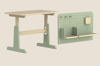  Bean Green desk and separate wall-mounted pegboard set without a chair