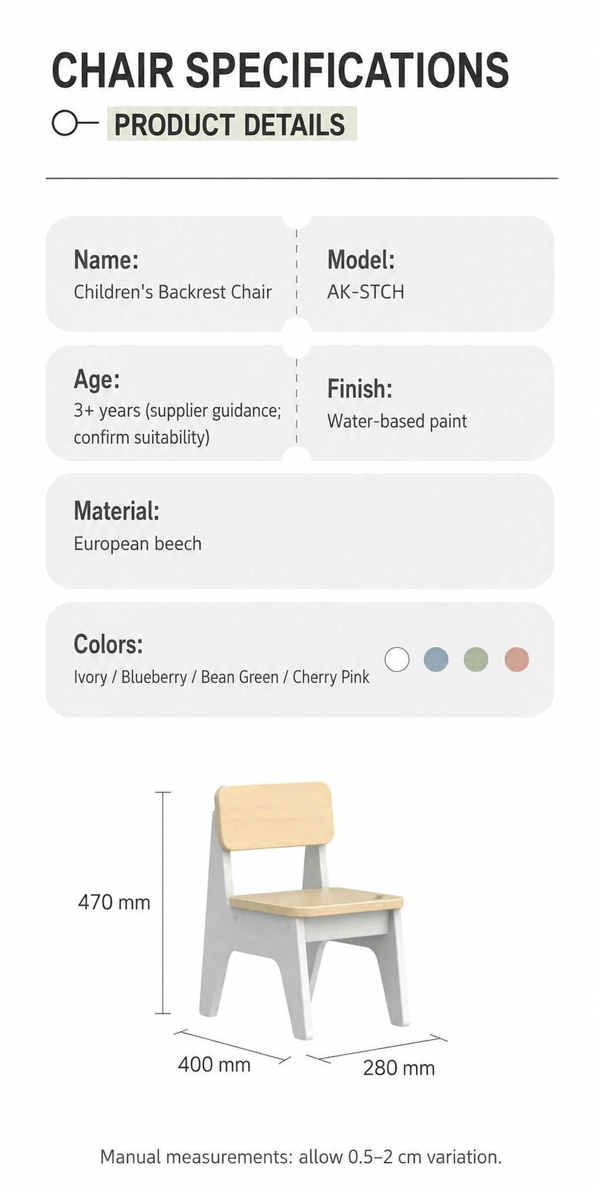  Beech chair measuring 280 mm wide, 400 mm deep and 470 mm in overall height