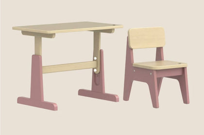  Cherry Pink adjustable desk with one matching beech chair