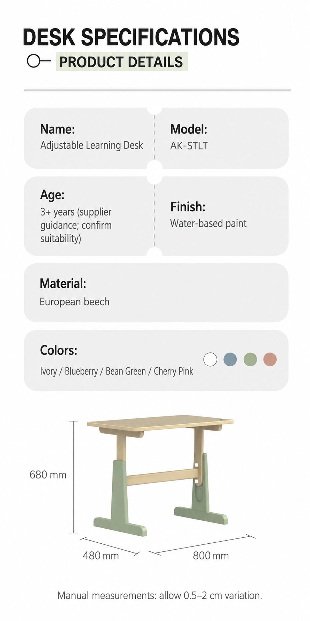  European beech desk measuring 800 mm wide, 480 mm deep and up to 680 mm high