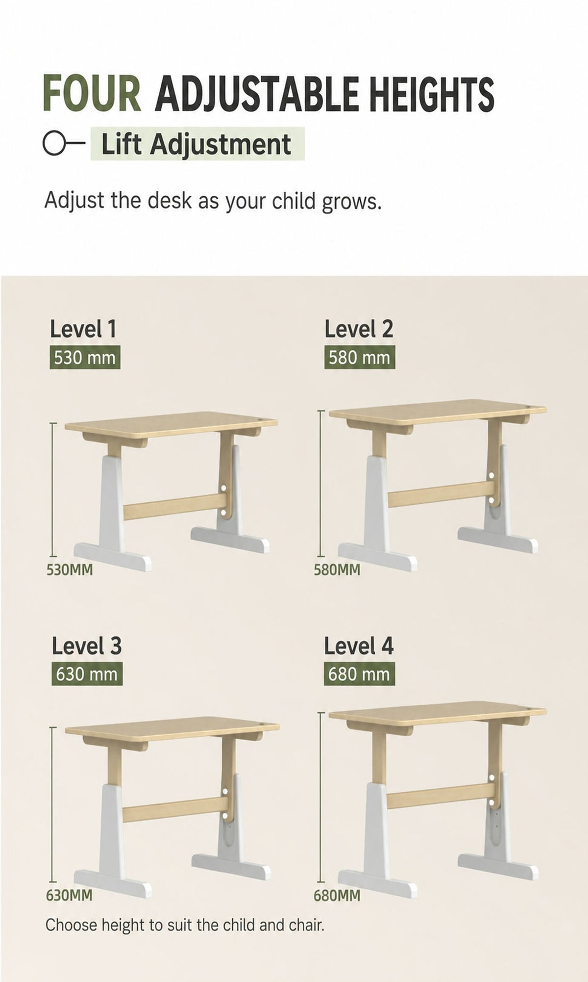  Desk at four adjustable tabletop heights of 530, 580, 630 and 680 mm