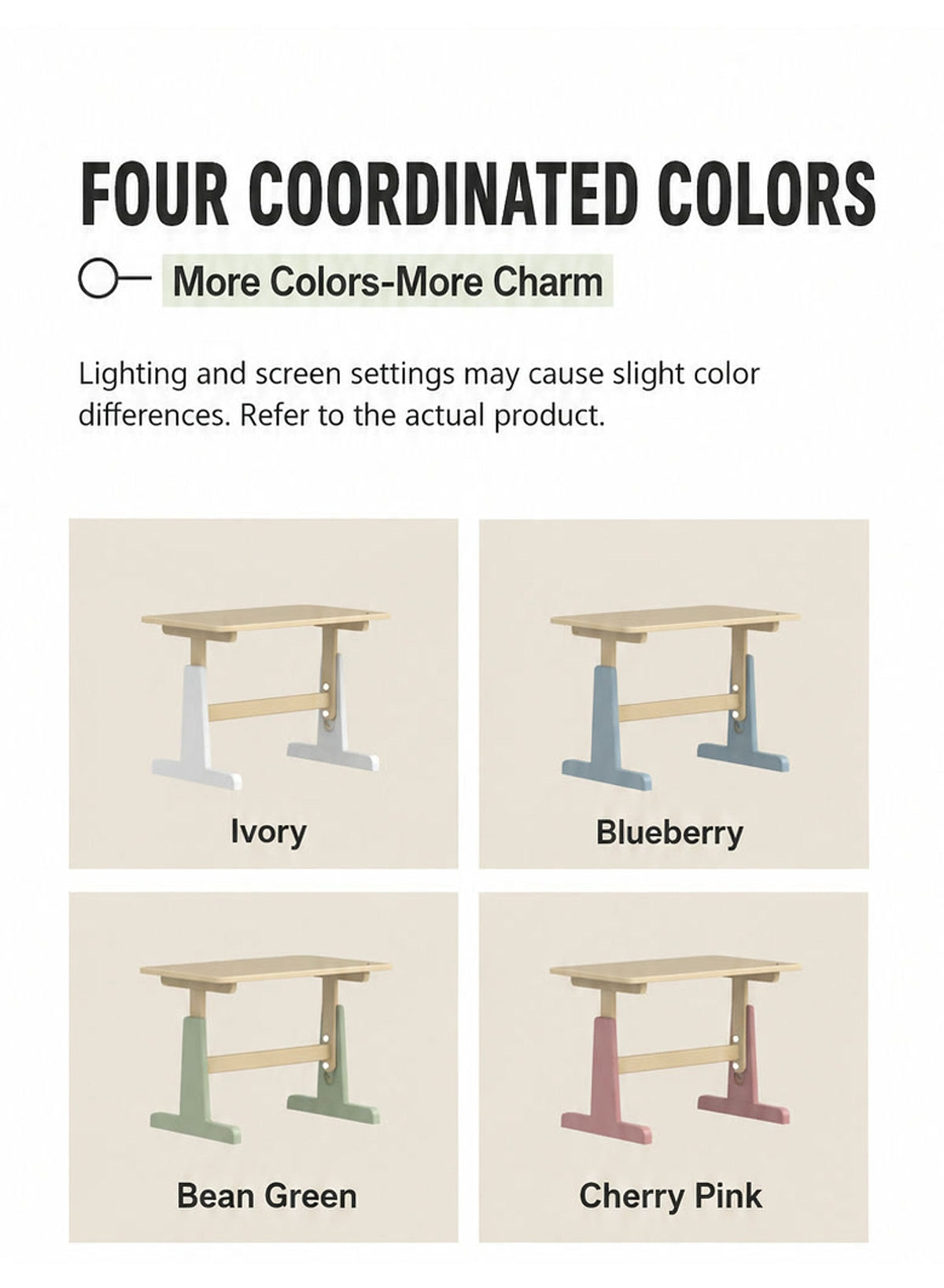  Ivory, Blueberry, Bean Green and Cherry Pink desk support colors