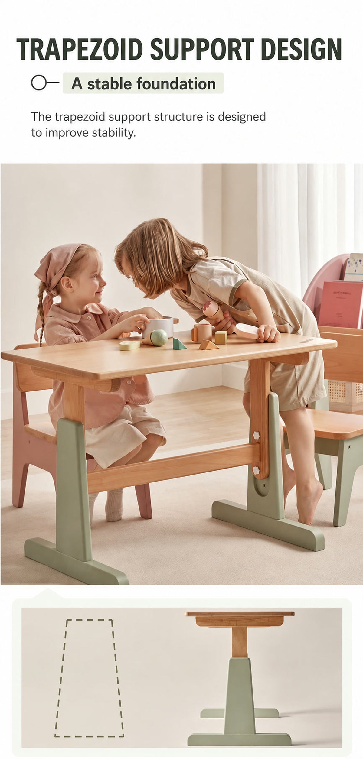  Desk in use with a close-up diagram of its wide-footed trapezoid support